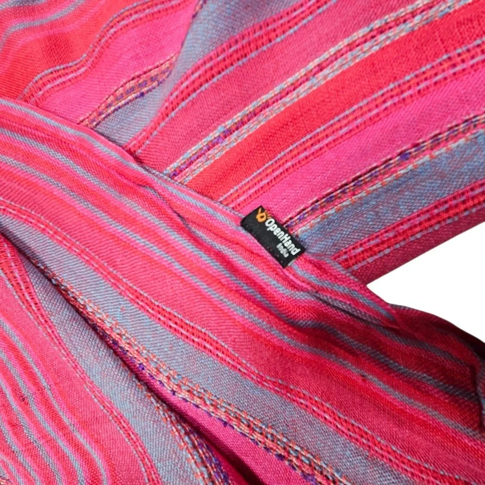 Open Hand India Pink Blue Striped Scarf‎ Tassels Lightweight Woven
